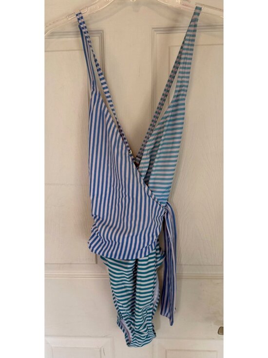 Bleu Rod Beattie Other - Bleu Rob Beattie One Piece Swimsuit Blue Green Teal Stripped Wrap Flattering 10